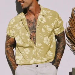 Outlet OUKU Men's Floral Tropical Flowers Shirt Summer Hawaiian Shirt Camp Collar Shirt Short Sleeve Shirt Turndown Fashion Designer Casual Outdoor Street Casual Yellow Light Green Blue Print S M L