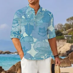 Discount OUKU Men's Floral Tropical Flowers Shirt Summer Hawaiian Shirt Aloha Shirt Long Sleeve Shirt Stand Collar Hawaiian Resort Vacation Daily Wear Going out Pink Blue Orange S M L
