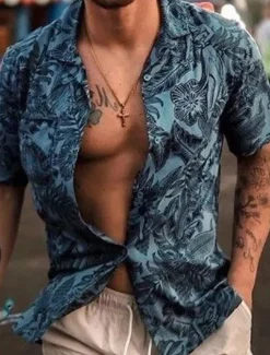 Online OUKU Men's Floral Tropical Plants Shirt Summer Shirt Casual Shirt Short Sleeve Shirt Camp Collar Fashion Casual Comfortable Vacation Street Daily Blue Green Dark Grey S M L