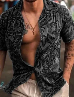 Online OUKU Men's Floral Tropical Plants Shirt Summer Shirt Casual Shirt Short Sleeve Shirt Camp Collar Fashion Casual Comfortable Vacation Street Daily Blue Green Dark Grey S M L