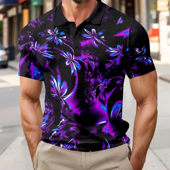 Clearance OUKU Men's Floral Waffle Polo Shirts Short Sleeve Polo Shirts Collared Shirts Business Casual Outdoor Business Athleisure Buttons 3D Print Summer Blue Purple Green