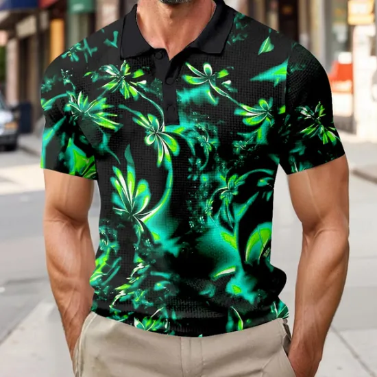 Clearance OUKU Men's Floral Waffle Polo Shirts Short Sleeve Polo Shirts Collared Shirts Business Casual Outdoor Business Athleisure Buttons 3D Print Summer Blue Purple Green
