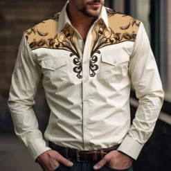 Discount OUKU Men's Floral Western Shirt Printed Shirts Long Sleeve Vintage Western Style Daily Wear Going out Weekend Spring & Summer Turndown Pocket Print Button-Down Light Blue White Pink Blue Green