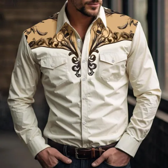 Discount OUKU Men's Floral Western Shirt Printed Shirts Long Sleeve Vintage Western Style Daily Wear Going out Weekend Spring & Summer Turndown Pocket Print Button-Down Light Blue White Pink Blue Green