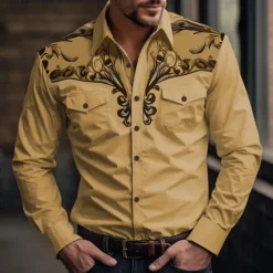 Discount OUKU Men's Floral Western Shirt Printed Shirts Long Sleeve Vintage Western Style Daily Wear Going out Weekend Spring & Summer Turndown Pocket Print Button-Down Light Blue White Pink Blue Green