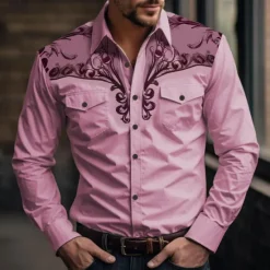 Discount OUKU Men's Floral Western Shirt Printed Shirts Long Sleeve Vintage Western Style Daily Wear Going out Weekend Spring & Summer Turndown Pocket Print Button-Down Light Blue White Pink Blue Green