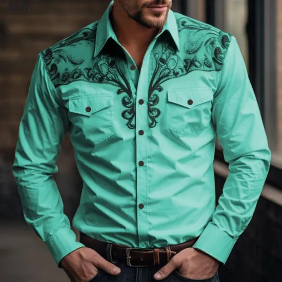 Discount OUKU Men's Floral Western Shirt Printed Shirts Long Sleeve Vintage Western Style Daily Wear Going out Weekend Spring & Summer Turndown Pocket Print Button-Down Light Blue White Pink Blue Green
