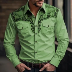 Discount OUKU Men's Floral Western Shirt Printed Shirts Long Sleeve Vintage Western Style Daily Wear Going out Weekend Spring & Summer Turndown Pocket Print Button-Down Light Blue White Pink Blue Green
