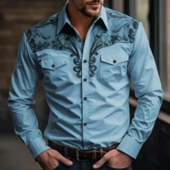 Discount OUKU Men's Floral Western Shirt Printed Shirts Long Sleeve Vintage Western Style Daily Wear Going out Weekend Spring & Summer Turndown Pocket Print Button-Down Light Blue White Pink Blue Green