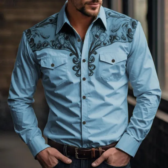 Discount OUKU Men's Floral Western Shirt Printed Shirts Long Sleeve Vintage Western Style Daily Wear Going out Weekend Spring & Summer Turndown Pocket Print Button-Down Light Blue White Pink Blue Green