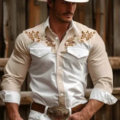Best OUKU Men's Floral Western Shirt Cowboy Shirt Long Sleeve Vintage Western Style Daily Wear Going out Weekend Spring & Summer Turndown Pocket Print Button-Down Pink Blue Khaki Beige Gray