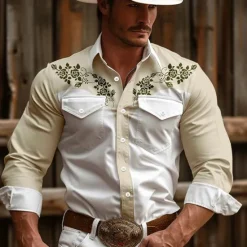 Best OUKU Men's Floral Western Shirt Cowboy Shirt Long Sleeve Vintage Western Style Daily Wear Going out Weekend Spring & Summer Turndown Pocket Print Button-Down Pink Blue Khaki Beige Gray