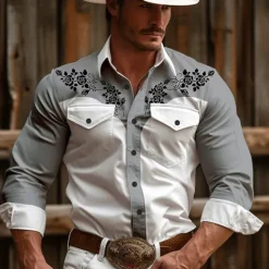Best OUKU Men's Floral Western Shirt Cowboy Shirt Long Sleeve Vintage Western Style Daily Wear Going out Weekend Spring & Summer Turndown Pocket Print Button-Down Pink Blue Khaki Beige Gray
