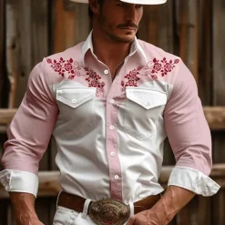 Best OUKU Men's Floral Western Shirt Cowboy Shirt Long Sleeve Vintage Western Style Daily Wear Going out Weekend Spring & Summer Turndown Pocket Print Button-Down Pink Blue Khaki Beige Gray