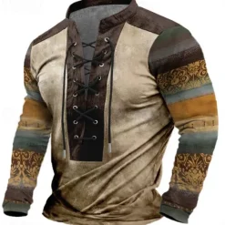 Best OUKU Men's Florals Sweatshirt Sweatshirt Long Sleeve Sweatshirt V Neck Ethnic Print Drawstring Spring Fall Brown