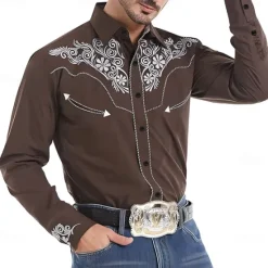 Clearance OUKU Men's Florals Western Shirt Cowboy Shirt Long Sleeve Western Style Spring Fall Turndown Button Up Brown
