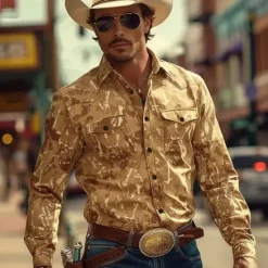 Best OUKU Men's Florals Western Shirt Cowboy Shirt Long Sleeve Western Causal Spring Fall Turndown Button Up Yellow
