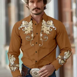 Sale OUKU Men's Florals Western Shirt Cowboy Shirt Long Sleeve Western Casual Turndown Button Up Brown