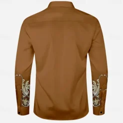 Sale OUKU Men's Florals Western Shirt Cowboy Shirt Long Sleeve Western Casual Turndown Button Up Brown