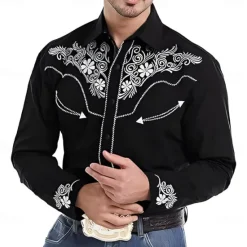 Best OUKU Men's Florals Western Shirt Cowboy Shirt Long Sleeve Western Spring Fall Turndown Button Up Black