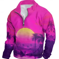 Discount OUKU Men's Flower / Plants Hoodies Quarter Zip Sweatshirt Long Sleeve Sweatshirt Stand Collar Daily Casual Vintage Retro 3D Print Vacation Going out Streetwear Print Spring & Fall Pink