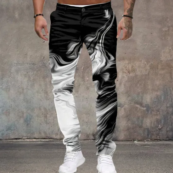 Clearance OUKU Men's Flowing Quicksand / Liquid Dress Pants Mid Waist Business Casual Formal Home Dailywear Zipper Pocket Summer Spring Fall 3D Print Black And White