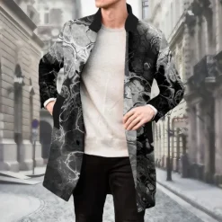 Outlet OUKU Men's Flowing Quicksand / Liquid Winter Coat Fleece Jacket Overcoat Thermal Comfortable Artistic Casual Outdoor Street Daily Wear Buttons 3D Print Front Pocket Winter Turndown Long Sleeve Black