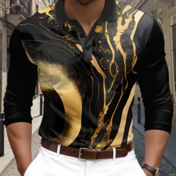OUKU Men's Flowing Quicksand / Liquid Polo Shirts Golf Polos Shirts Long Sleeve Polo Shirts Collar Casual Business Casual Outdoor Street Dailywear Buttons 3D Print Spring Fall Winter Black
