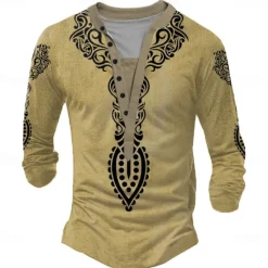Clearance OUKU Men's Folk Henley Shirt Long Sleeve 3D Printing Ethnic Tribal Casual Holiday Winter Spring & Fall Yellow Gray Henley Henley T-Shirt