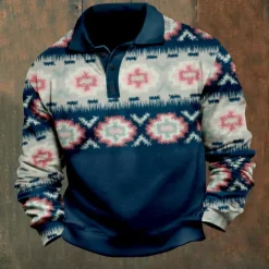Best OUKU Men's Folk Polo Shirts Pullover Long Sleeve Polo Shirts Collar Vintage Casual Daily Streetwear Buttons 3D Print Fall & Winter Blue