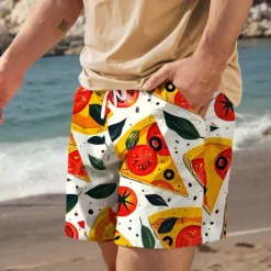 Discount OUKU Men's Food Graphic Prints Pizza Swim Trunks Swim Shorts Board Shorts Mid Waist Vacation Hawaiian Holiday Vacation Holiday Beach Drawstring with Mesh lining Elastic Waist Designer Clothing Apparel