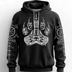 Sale OUKU Men's Footprint / Paw Viking Hoodies Sweatshirt Fashion Cool Long Sleeve Crew Neck Party Holiday Streetwear Black Blue Drawstring Fall Winter Designer