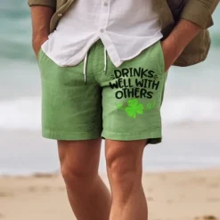 New OUKU Men's Four Leaf Clover Shorts Summer Shorts Beach Shorts Mid Waist Hawaiian Casual Holiday St. Patrick's Day Drawstring Elastic Waist Print Designer Clothing Apparel