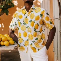 Clearance OUKU Men's Fruit Beach Shirt Aloha Shirt Short Sleeve Hawaiian Vacation Summer Spring Turndown Button Up Yellow Orange Green