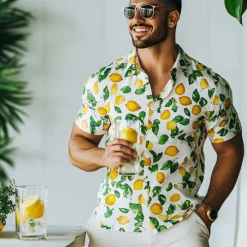 Sale OUKU Men's Fruit Lemon Summer Hawaiian Shirt Button Up Shirt Aloha Shirt Short Sleeve Hawaiian Resort Vacation Holiday Beach Wear Summer Spring Turndown 3D Print Collared Shirts White