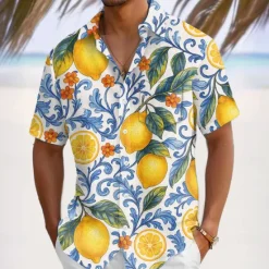 OUKU Men's Fruit Lemon Tropical Plants Summer Hawaiian Shirt Button Up Shirt Aloha Shirt Short Sleeve Shirt Turndown Hawaiian Vacation Holiday Beach Wear Blue Dark Green Green S M L