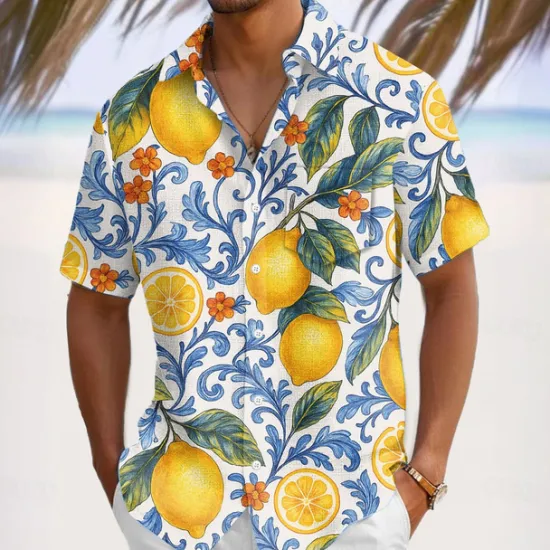 OUKU Men's Fruit Lemon Tropical Plants Summer Hawaiian Shirt Button Up Shirt Aloha Shirt Short Sleeve Shirt Turndown Hawaiian Vacation Holiday Beach Wear Blue Dark Green Green S M L