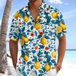OUKU Men's Fruit Lemon Tropical Plants Summer Hawaiian Shirt Button Up Shirt Aloha Shirt Short Sleeve Shirt Turndown Hawaiian Vacation Holiday Beach Wear Blue Dark Green Green S M L