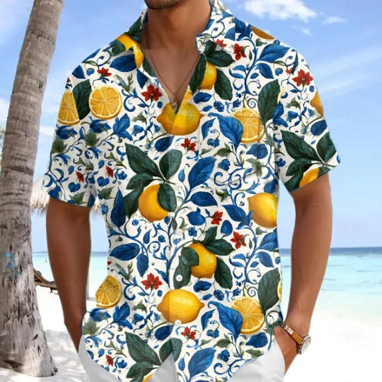 OUKU Men's Fruit Lemon Tropical Plants Summer Hawaiian Shirt Button Up Shirt Aloha Shirt Short Sleeve Shirt Turndown Hawaiian Vacation Holiday Beach Wear Blue Dark Green Green S M L