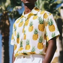 Hot OUKU Men's Fruit Pineapple Summer Hawaiian Shirt Button Up Shirt Aloha Shirt Short Sleeve Hawaiian Resort Vacation Holiday Beach Wear Summer Spring Turndown 3D Print Collared Shirts White