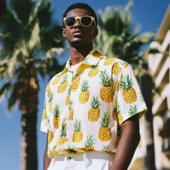 Hot OUKU Men's Fruit Pineapple Summer Hawaiian Shirt Button Up Shirt Aloha Shirt Short Sleeve Hawaiian Resort Vacation Holiday Beach Wear Summer Spring Turndown 3D Print Collared Shirts White