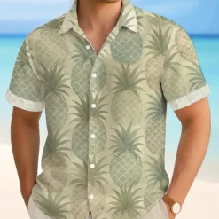 New OUKU Men's Fruit Pineapple Tropical Summer Hawaiian Shirt Button Up Shirt Aloha Shirt Short Sleeve Hawaiian Vacation Beach Wear Summer Spring Turndown 3D Print Collared Shirts Light Khaki Blue Dark Green