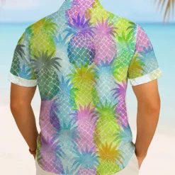 New OUKU Men's Fruit Pineapple Tropical Summer Hawaiian Shirt Button Up Shirt Aloha Shirt Short Sleeve Hawaiian Vacation Beach Wear Summer Spring Turndown 3D Print Collared Shirts Light Khaki Blue Dark Green