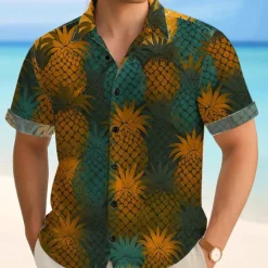 New OUKU Men's Fruit Pineapple Tropical Summer Hawaiian Shirt Button Up Shirt Aloha Shirt Short Sleeve Hawaiian Vacation Beach Wear Summer Spring Turndown 3D Print Collared Shirts Light Khaki Blue Dark Green