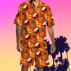 Discount OUKU Men's Fruit Pineapple Watermelon 2pcs Shirts Sets Summer Hawaiian Shirt Short Sleeve Short Pants Turndown Tropical Fashion Hawaiian Street Casual Hawaiian Print Summer Spring White Orange