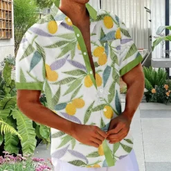 Best OUKU Men's Fruit Plants Tropical Shirt Summer Hawaiian Shirt Button Up Shirt Short Sleeve Hawaiian Vacation Holiday Beach Wear Summer Turndown 3D Print Front One Pocket Linen Like Shirt Black White