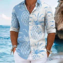 Clearance OUKU Men's Fruit Summer Hawaiian Shirt Aloha Shirt Long Sleeve Hawaiian Beach Vacation Summer Spring Turndown Button Up Black Yellow Pink Blue Gray