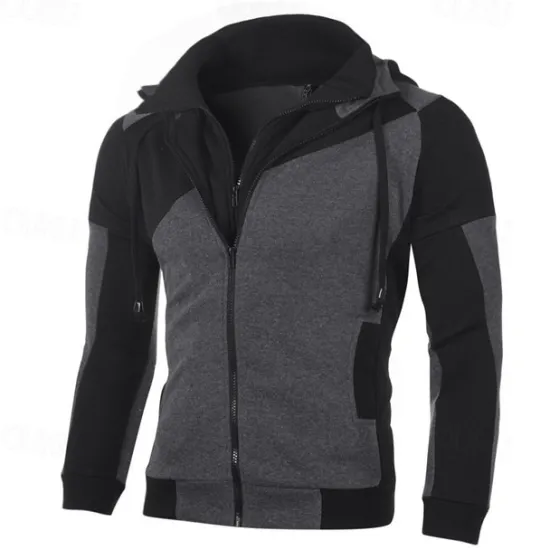 Online OUKU Men's Full Zip Hoodie Hoodie Jacket Zip Up Hoodie Zip Hoodie Sweatshirt Zip Up Hoodies Black White Red Blue Hooded Color Block Zip Up Zipper Pocket Sports & Outdoor Daily Weekend Polyester Vintage