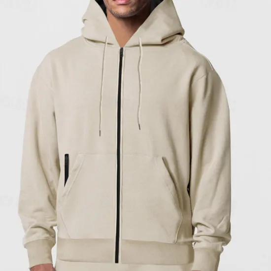 OUKU Men's Full Zip Hoodie Zip Up Hoodie Fleece Hoodie Black Navy Blue Khaki Light Grey Hooded Plain Zip Up Pocket Sports & Outdoor Daily Holiday Polyester Streetwear Basic Casual Fall & Winter Clothing