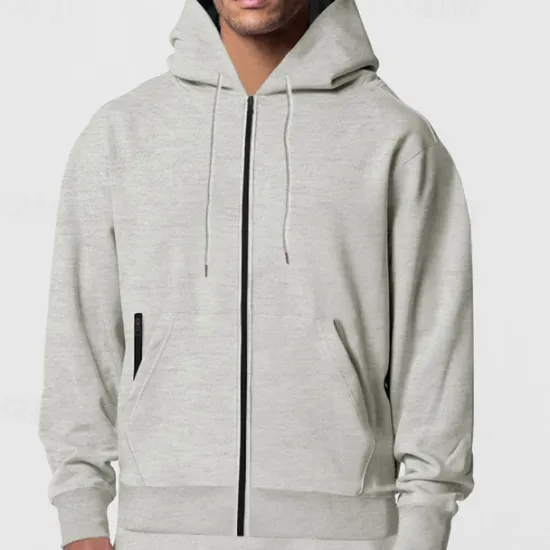 OUKU Men's Full Zip Hoodie Zip Up Hoodie Fleece Hoodie Black Navy Blue Khaki Light Grey Hooded Plain Zip Up Pocket Sports & Outdoor Daily Holiday Polyester Streetwear Basic Casual Fall & Winter Clothing